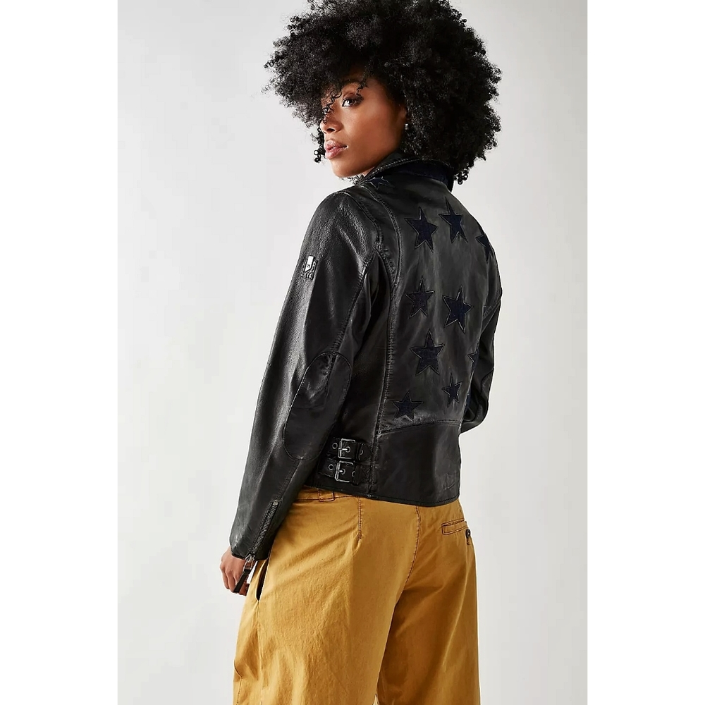 Free People x Mauritius Christy Denim Star Patchwork Lamb Leather Moto Jacket